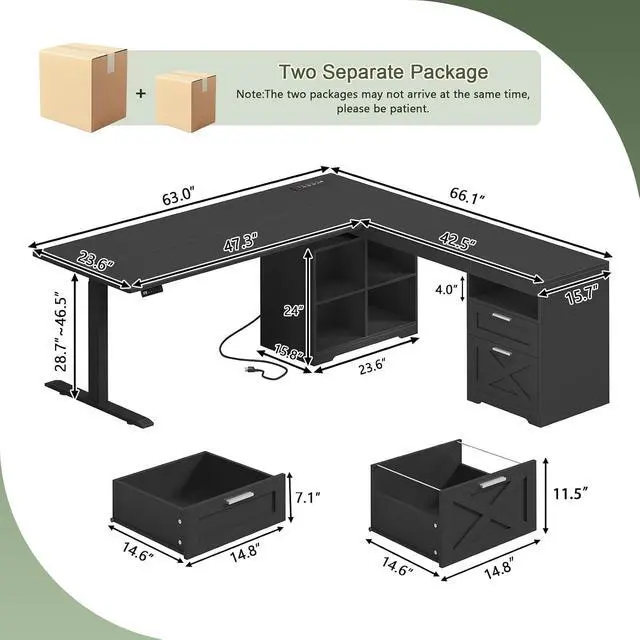 Alt view image 2 of 7 - Farmhouse L Shaped Standing Desk, 66 inch Corner Electric Standing Desk with Drawers Storage Shelves, Height Adjustable Computer Desk with Power Outlets for Home Office (Black)