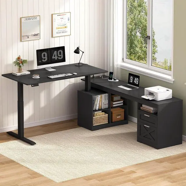 Alt view image 3 of 7 - Farmhouse L Shaped Standing Desk, 66 inch Corner Electric Standing Desk with Drawers Storage Shelves, Height Adjustable Computer Desk with Power Outlets for Home Office (Black)