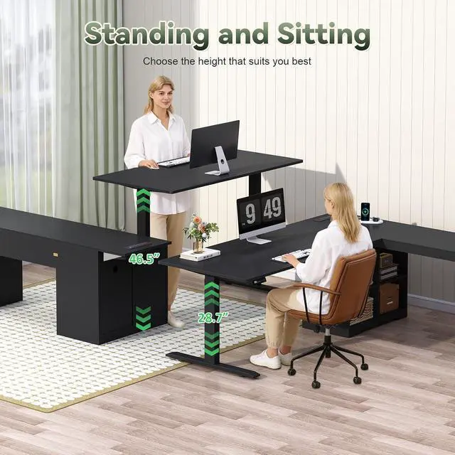 Alt view image 4 of 7 - Farmhouse L Shaped Standing Desk, 66 inch Corner Electric Standing Desk with Drawers Storage Shelves, Height Adjustable Computer Desk with Power Outlets for Home Office (Black)