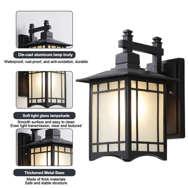Alt view image 7 of 7 - Outdoor Wall Lantern, Waterproof Anti-Rust Aluminum Porch Lights 12.5 inch Vintage Exterior Outdoor Wall Light Fixtures Black Exterior Sconces for House Front Door Garage