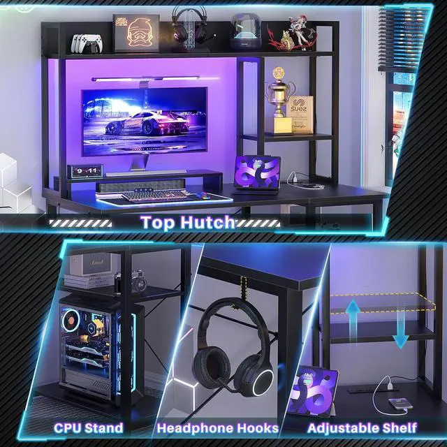 Alt view image 7 of 7 - Gaming Desk with Hutch, 39'' Computer Desk with LED Lights & Power Outlets, Home Office Desk with Reversible 5 Tiers Storage Shelves & Monitor Stand, Small Gaming Table for Small Space, Black