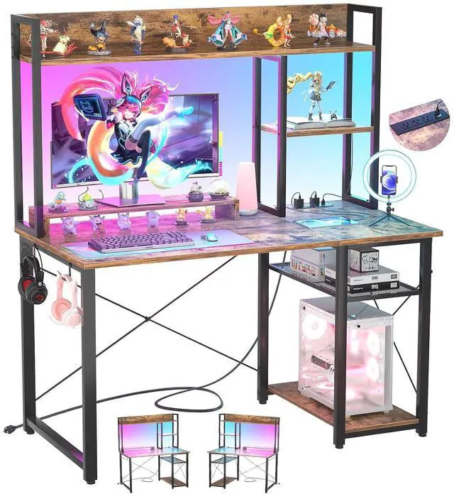 Main image of Gaming Desk with Hutch, 39'' Computer Desk with LED Lights & Power Outlets, Home Office Desk with Reversible 5 Tiers Storage Shelves & Monitor Stand, Small Gaming Table for Small Space,Rustic
