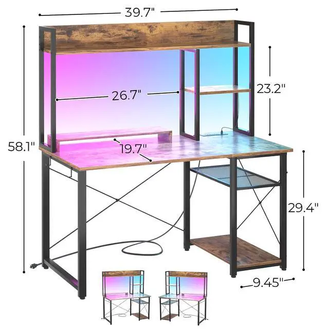 Alt view image 2 of 7 - Gaming Desk with Hutch, 39'' Computer Desk with LED Lights & Power Outlets, Home Office Desk with Reversible 5 Tiers Storage Shelves & Monitor Stand, Small Gaming Table for Small Space,Rustic