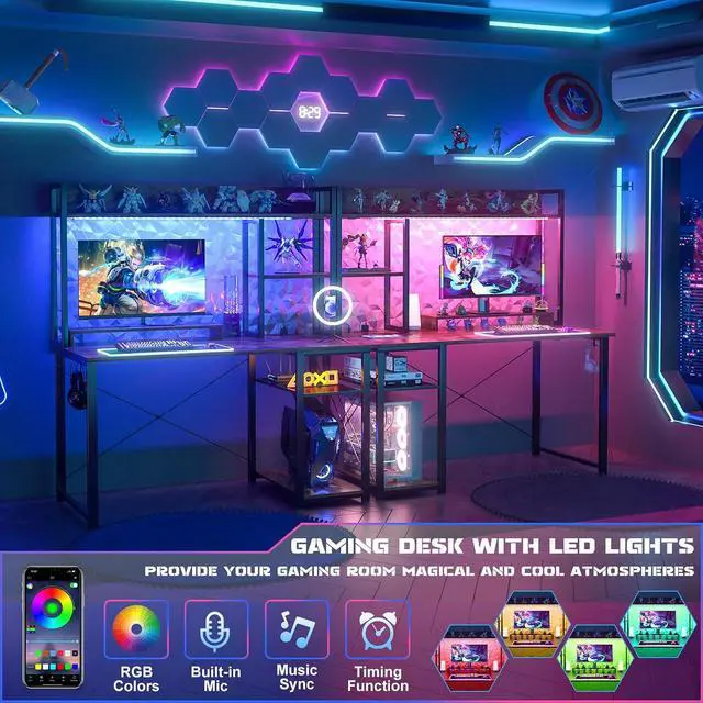 Alt view image 3 of 7 - Gaming Desk with Hutch, 39'' Computer Desk with LED Lights & Power Outlets, Home Office Desk with Reversible 5 Tiers Storage Shelves & Monitor Stand, Small Gaming Table for Small Space,Rustic