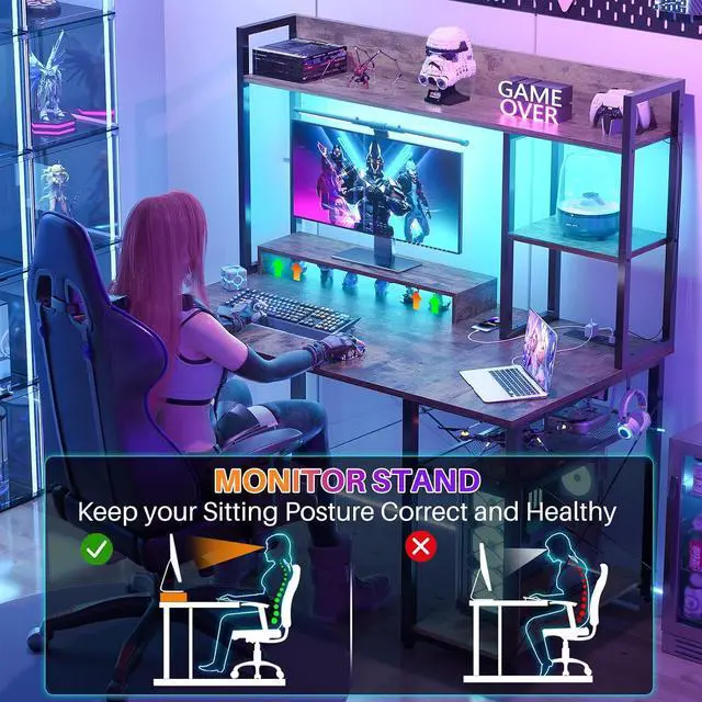 Alt view image 5 of 7 - Gaming Desk with Hutch, 39'' Computer Desk with LED Lights & Power Outlets, Home Office Desk with Reversible 5 Tiers Storage Shelves & Monitor Stand, Small Gaming Table for Small Space,Rustic