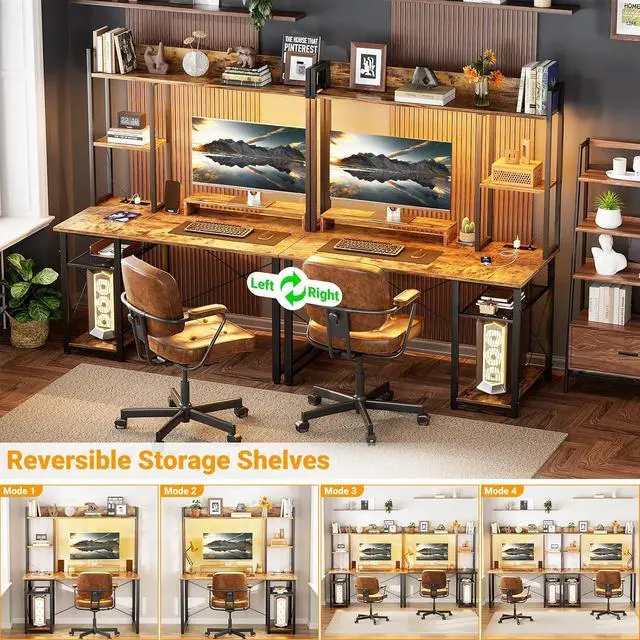 Alt view image 4 of 7 - Gaming Desk with Hutch, 39'' Computer Desk with LED Lights & Power Outlets, Home Office Desk with Reversible 5 Tiers Storage Shelves & Monitor Stand, Small Gaming Table for Small Space,Rustic