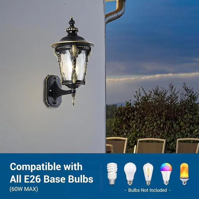 Alt view image 4 of 7 - Exterior Wall Lanterns IP55 Waterproof Outdoor Wall Light Fixtures Aluminum 15 inch Porch Lights with Hammered Glass Shade for Patio Hallway Doorway Garden