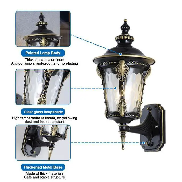 Alt view image 6 of 7 - Exterior Wall Lanterns IP55 Waterproof Outdoor Wall Light Fixtures Aluminum 15 inch Porch Lights with Hammered Glass Shade for Patio Hallway Doorway Garden