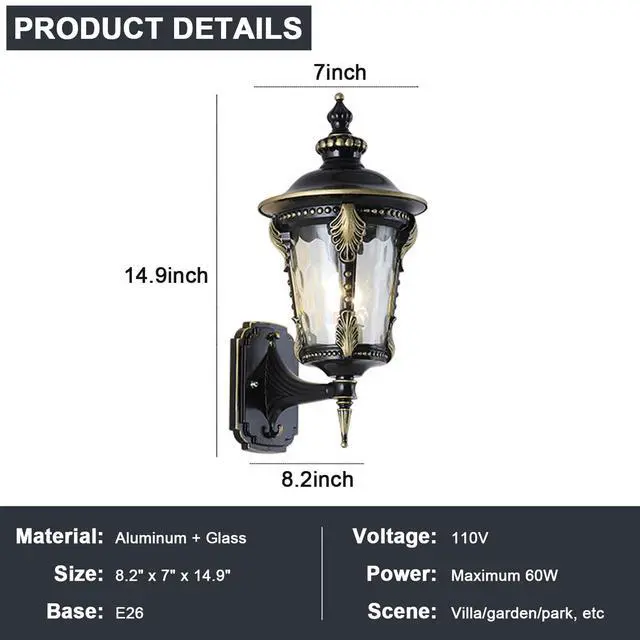 Alt view image 7 of 7 - Exterior Wall Lanterns IP55 Waterproof Outdoor Wall Light Fixtures Aluminum 15 inch Porch Lights with Hammered Glass Shade for Patio Hallway Doorway Garden