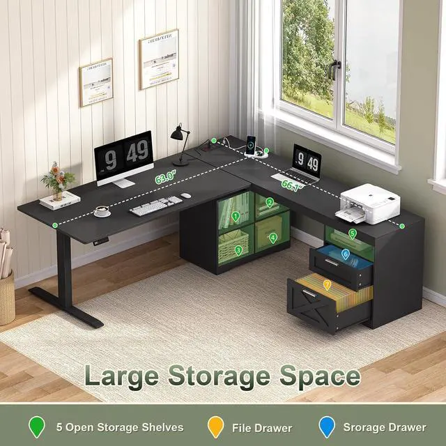 Alt view image 5 of 7 - Farmhouse L Shaped Standing Desk, 66 inch Corner Electric Standing Desk with Drawers Storage Shelves, Height Adjustable Computer Desk with Power Outlets for Home Office (Black)