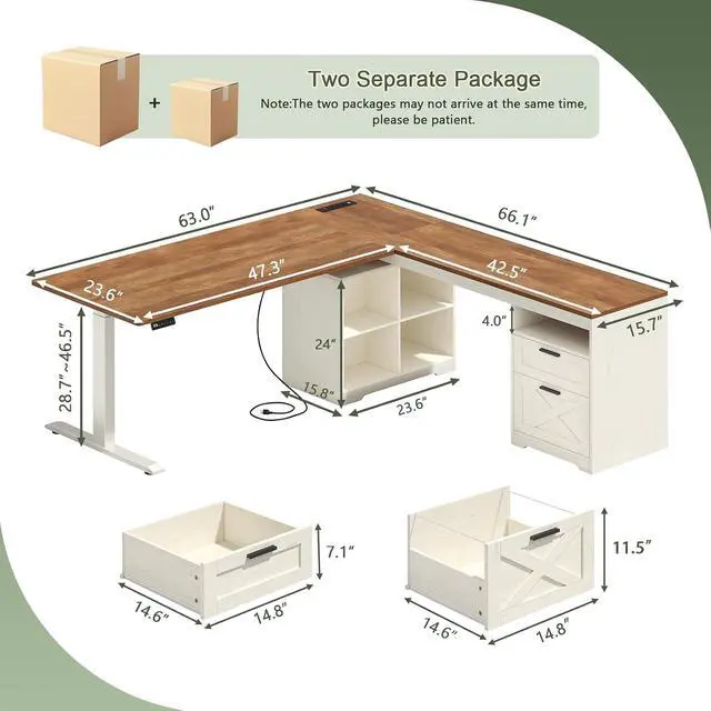 Alt view image 2 of 7 - Farmhouse L Shaped Standing Desk, 66 inch Corner Electric Standing Desk with Drawers Storage Shelves, Height Adjustable Computer Desk with Power Outlets for Home Office (Antique White)