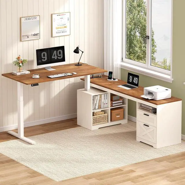 Alt view image 3 of 7 - Farmhouse L Shaped Standing Desk, 66 inch Corner Electric Standing Desk with Drawers Storage Shelves, Height Adjustable Computer Desk with Power Outlets for Home Office (Antique White)