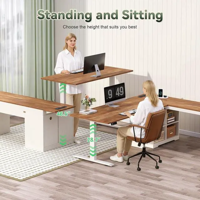 Alt view image 5 of 7 - Farmhouse L Shaped Standing Desk, 66 inch Corner Electric Standing Desk with Drawers Storage Shelves, Height Adjustable Computer Desk with Power Outlets for Home Office (Antique White)