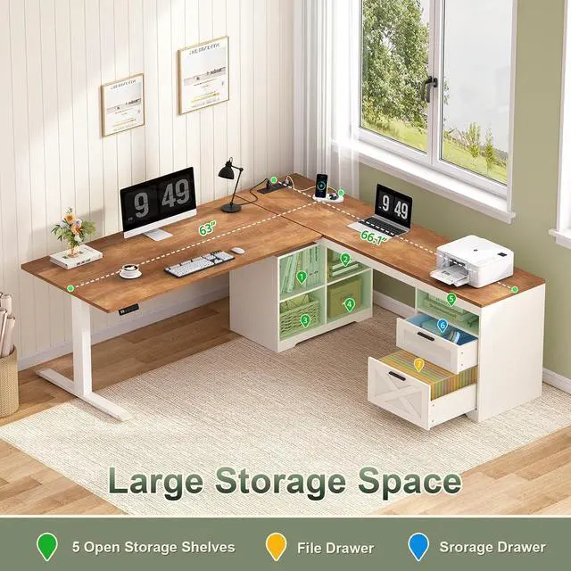 Alt view image 6 of 7 - Farmhouse L Shaped Standing Desk, 66 inch Corner Electric Standing Desk with Drawers Storage Shelves, Height Adjustable Computer Desk with Power Outlets for Home Office (Antique White)