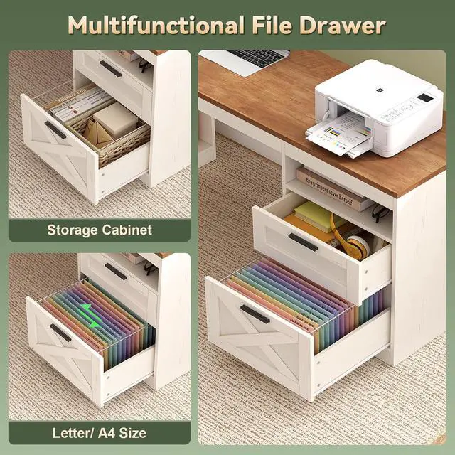 Alt view image 7 of 7 - Farmhouse L Shaped Standing Desk, 66 inch Corner Electric Standing Desk with Drawers Storage Shelves, Height Adjustable Computer Desk with Power Outlets for Home Office (Antique White)