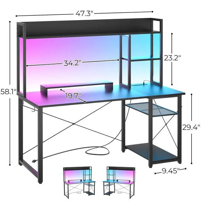 Alt view image 2 of 7 - Gaming Desk with Hutch, 47'' Computer Desk with LED Lights & Power Outlets, Home Office Desk with Reversible 5 Tiers Storage Shelves & Monitor Stand, Small Gaming Table for Small Space, Black
