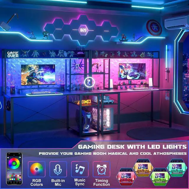 Alt view image 3 of 7 - Gaming Desk with Hutch, 47'' Computer Desk with LED Lights & Power Outlets, Home Office Desk with Reversible 5 Tiers Storage Shelves & Monitor Stand, Small Gaming Table for Small Space, Black