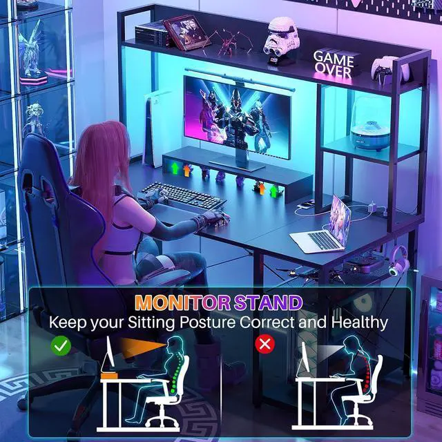 Alt view image 4 of 7 - Gaming Desk with Hutch, 47'' Computer Desk with LED Lights & Power Outlets, Home Office Desk with Reversible 5 Tiers Storage Shelves & Monitor Stand, Small Gaming Table for Small Space, Black