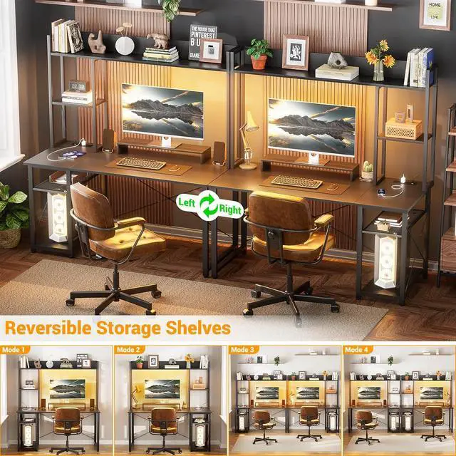 Alt view image 5 of 7 - Gaming Desk with Hutch, 47'' Computer Desk with LED Lights & Power Outlets, Home Office Desk with Reversible 5 Tiers Storage Shelves & Monitor Stand, Small Gaming Table for Small Space, Black