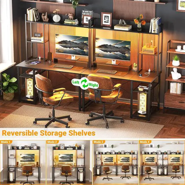 Alt view image 4 of 7 - Gaming Desk with Hutch, 39'' Computer Desk with LED Lights & Power Outlets, Home Office Desk with Reversible 5 Tiers Storage Shelves & Monitor Stand, Small Gaming Table for Small Space, Grey
