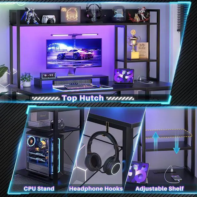 Alt view image 7 of 7 - Gaming Desk with Hutch, 47'' Computer Desk with LED Lights & Power Outlets, Home Office Desk with Reversible 5 Tiers Storage Shelves & Monitor Stand, Small Gaming Table for Small Space, Black
