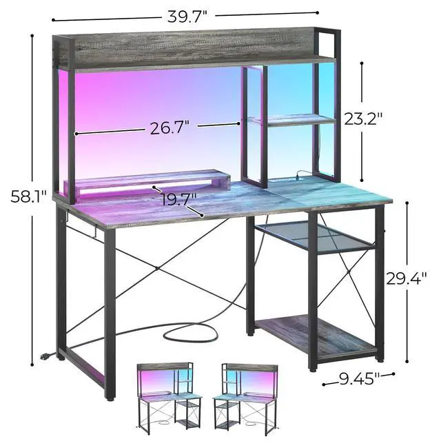 Alt view image 2 of 7 - Gaming Desk with Hutch, 39'' Computer Desk with LED Lights & Power Outlets, Home Office Desk with Reversible 5 Tiers Storage Shelves & Monitor Stand, Small Gaming Table for Small Space, Grey