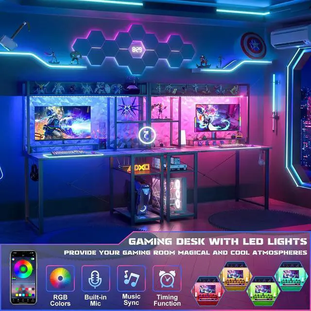 Alt view image 3 of 7 - Gaming Desk with Hutch, 39'' Computer Desk with LED Lights & Power Outlets, Home Office Desk with Reversible 5 Tiers Storage Shelves & Monitor Stand, Small Gaming Table for Small Space, Grey
