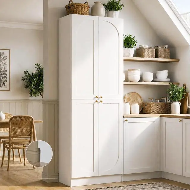 Alt view image 2 of 7 - 80" Kitchen Pantry, Extra Tall Arch Storage Cabinet with 4 Soft Close Doors and Adjustable Shelves, Freestanding Wood Cupboard with Seamless Fit Wall for Dining Living Room Bathroom Furniture