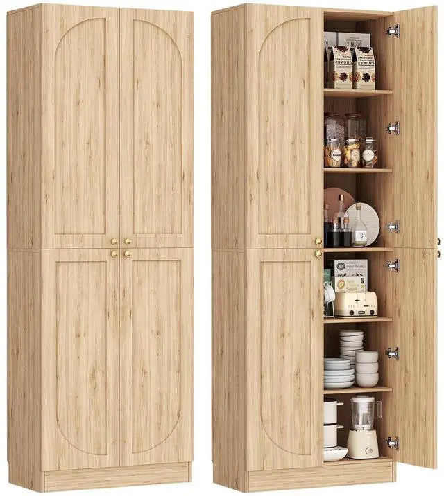 Main image of 80" Kitchen Pantry, Extra Tall Arch Storage Cabinet with 4 Soft Close Doors and Adjustable Shelves, Freestanding Wood Cupboard with Seamless Fit Wall for Dining Living Room Bathroom Furniture