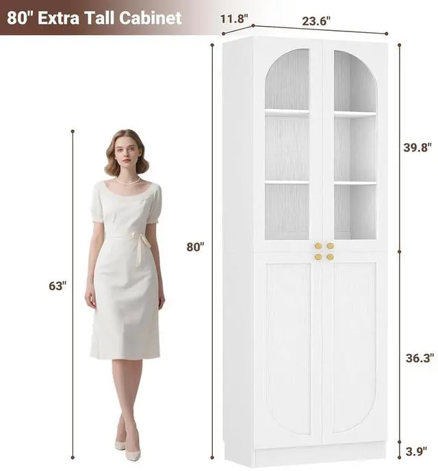 Alt view image 2 of 7 - 80" Kitchen Pantry, Tall Arch Storage Cabinet with Tempered Glass & Soft Close Doors, Freestanding Wood Floor Cupboard Bookcase with Seamless Fit Wall for Dining Room, Living Room, Bathroom