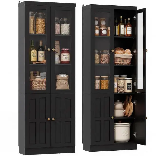 Alt view image 3 of 7 - 80" Kitchen Pantry Cabinet with Glass Doors and Adjustable Shelves, Kitchen Cabinet with Thickened Top Panel, Tall Cabinet for Livingroom, Pantry, Bathroom, Black, Set of 2