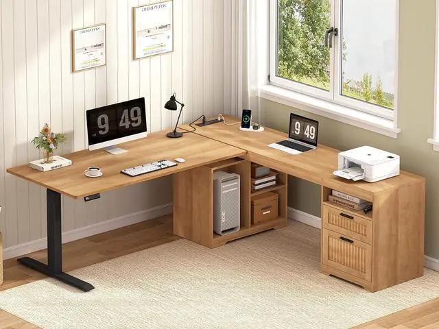 Main image of Fluted L Shaped Standing Desk, 66 inch Corner Electric Standing Desk with Drawers Storage Shelves, Height Adjustable Computer Desk with Power Outlets for Home Office (Oak)