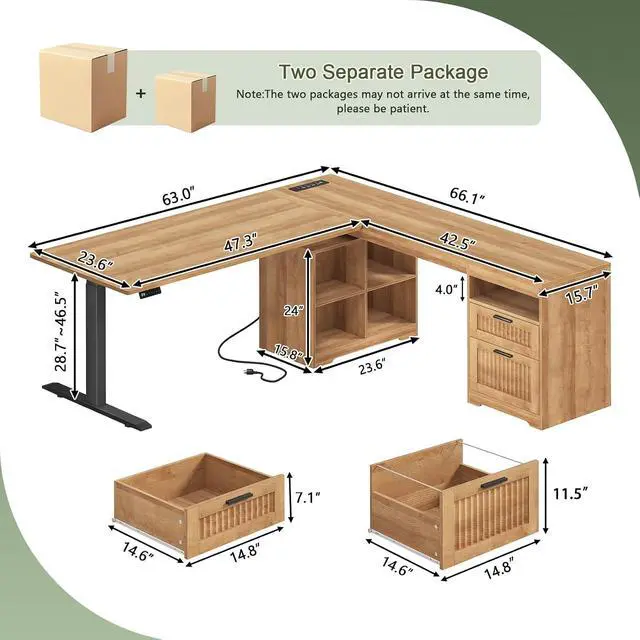 Alt view image 2 of 7 - Fluted L Shaped Standing Desk, 66 inch Corner Electric Standing Desk with Drawers Storage Shelves, Height Adjustable Computer Desk with Power Outlets for Home Office (Oak)