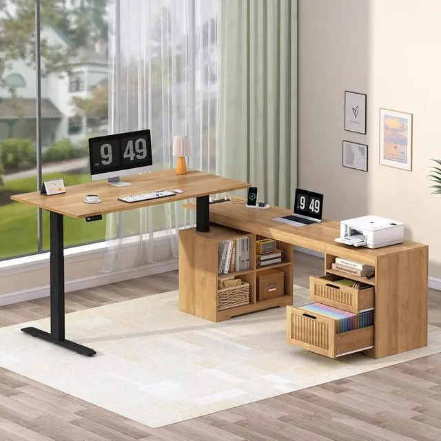 Alt view image 3 of 7 - Fluted L Shaped Standing Desk, 66 inch Corner Electric Standing Desk with Drawers Storage Shelves, Height Adjustable Computer Desk with Power Outlets for Home Office (Oak)