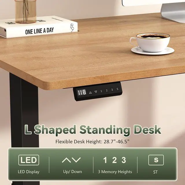 Alt view image 4 of 7 - Fluted L Shaped Standing Desk, 66 inch Corner Electric Standing Desk with Drawers Storage Shelves, Height Adjustable Computer Desk with Power Outlets for Home Office (Oak)