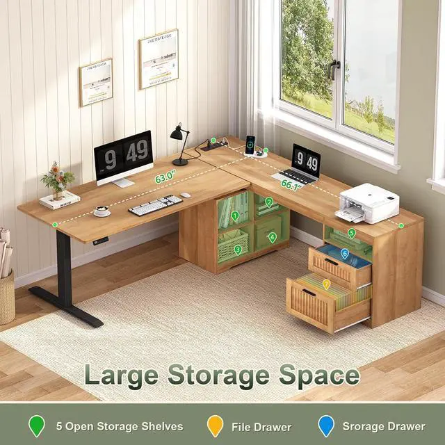Alt view image 6 of 7 - Fluted L Shaped Standing Desk, 66 inch Corner Electric Standing Desk with Drawers Storage Shelves, Height Adjustable Computer Desk with Power Outlets for Home Office (Oak)