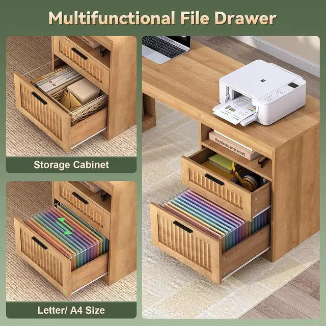 Alt view image 7 of 7 - Fluted L Shaped Standing Desk, 66 inch Corner Electric Standing Desk with Drawers Storage Shelves, Height Adjustable Computer Desk with Power Outlets for Home Office (Oak)