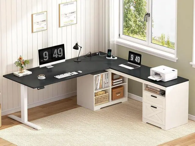 Main image of Farmhouse L Shaped Standing Desk, 66 inch Corner Electric Standing Desk with Drawers Storage Shelves, Height Adjustable Computer Desk with Power Outlets for Home Office (Black and White)