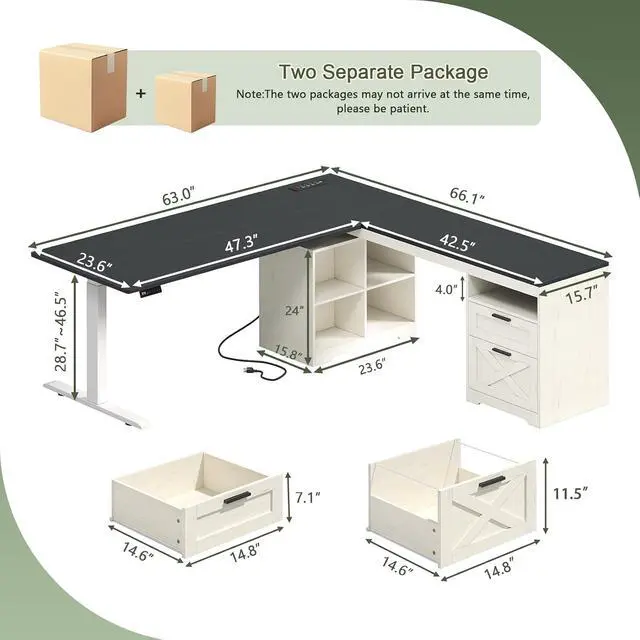 Alt view image 2 of 7 - Farmhouse L Shaped Standing Desk, 66 inch Corner Electric Standing Desk with Drawers Storage Shelves, Height Adjustable Computer Desk with Power Outlets for Home Office (Black and White)
