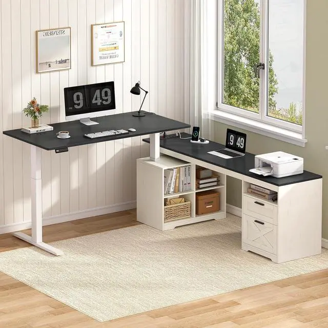 Alt view image 3 of 7 - Farmhouse L Shaped Standing Desk, 66 inch Corner Electric Standing Desk with Drawers Storage Shelves, Height Adjustable Computer Desk with Power Outlets for Home Office (Black and White)