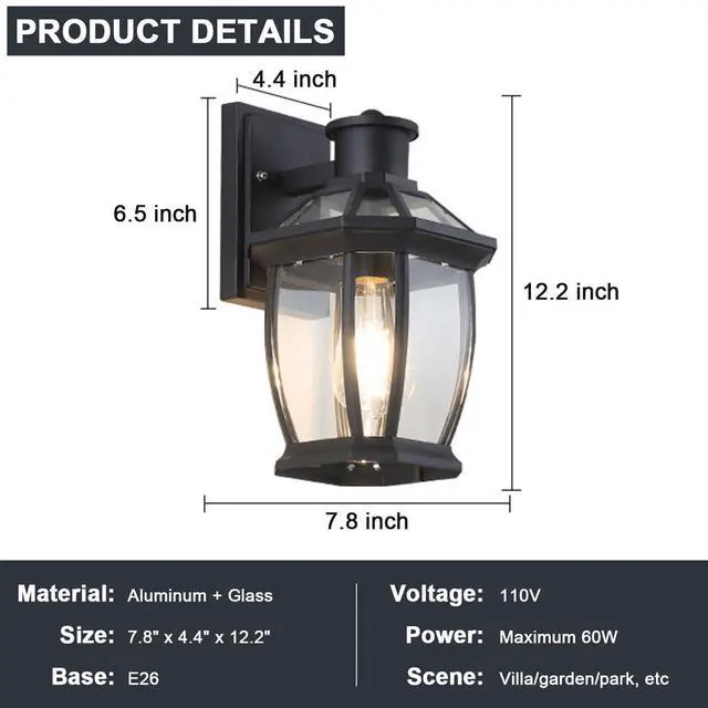 Alt view image 7 of 7 - Outdoor Wall Lanterns Aluminum Exterior Waterproof Wall Light Vintage Porch Wall Lighting with Clear Glass Shade for Porch Front Door Way Garage Patio