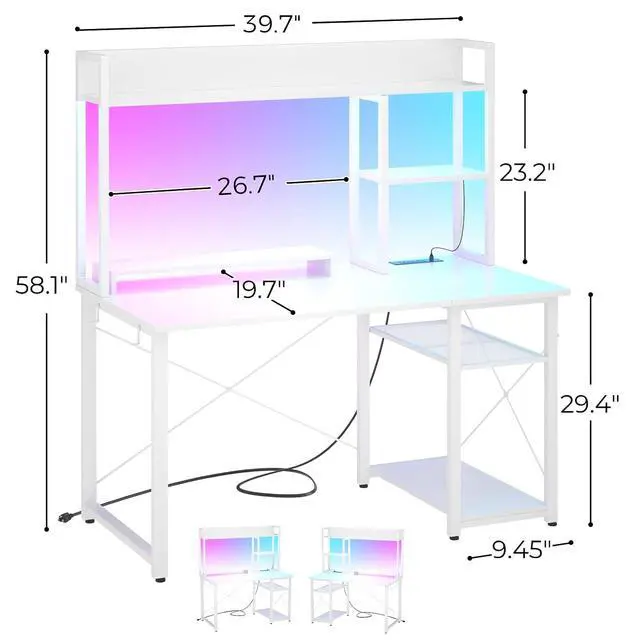 Alt view image 2 of 7 - Gaming Desk with Hutch, 39'' Computer Desk with LED Lights & Power Outlets, Home Office Desk with Reversible 5 Tiers Storage Shelves & Monitor Stand, Small Gaming Table for Small Space, White