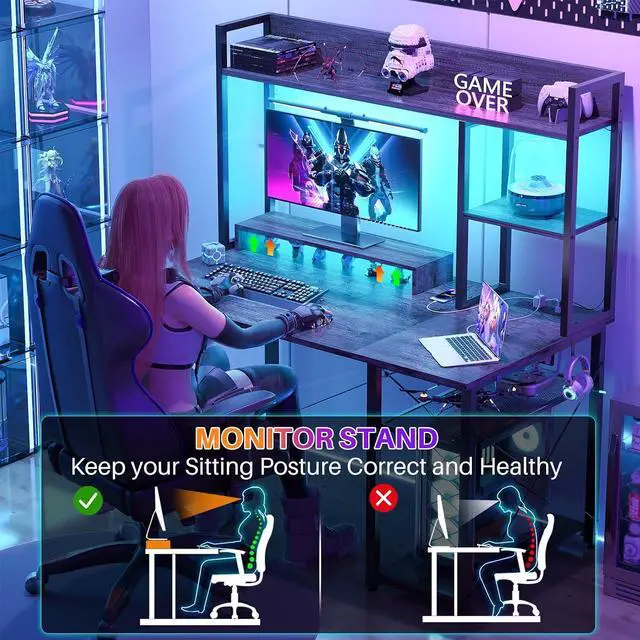 Alt view image 5 of 7 - Gaming Desk with Hutch, 39'' Computer Desk with LED Lights & Power Outlets, Home Office Desk with Reversible 5 Tiers Storage Shelves & Monitor Stand, Small Gaming Table for Small Space, Grey