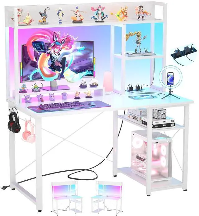 Main image of Gaming Desk with Hutch, 39'' Computer Desk with LED Lights & Power Outlets, Home Office Desk with Reversible 5 Tiers Storage Shelves & Monitor Stand, Small Gaming Table for Small Space, White