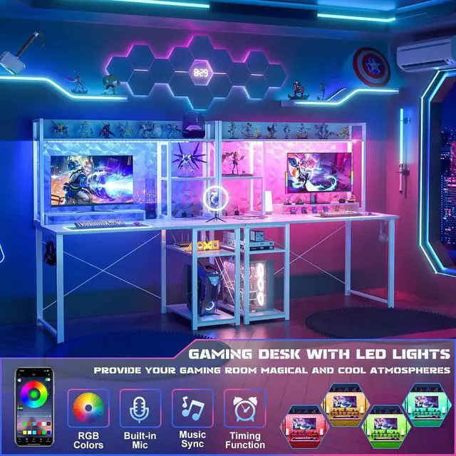 Alt view image 3 of 7 - Gaming Desk with Hutch, 39'' Computer Desk with LED Lights & Power Outlets, Home Office Desk with Reversible 5 Tiers Storage Shelves & Monitor Stand, Small Gaming Table for Small Space, White