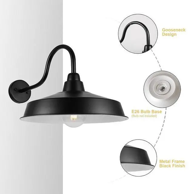 Alt view image 6 of 7 - Outdoor Gooseneck Large Barn Light 16 Inch Dome Exterior Wall Sconce Anti-Rust Waterproof Vintage Porch Wall Light Fixtures Wall Mount Outdoor Farmhouse Light Fixture