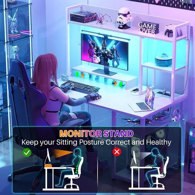 Alt view image 4 of 7 - Gaming Desk with Hutch, 39'' Computer Desk with LED Lights & Power Outlets, Home Office Desk with Reversible 5 Tiers Storage Shelves & Monitor Stand, Small Gaming Table for Small Space, White