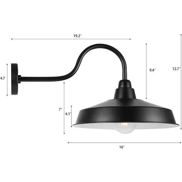 Alt view image 7 of 7 - Outdoor Gooseneck Large Barn Light 16 Inch Dome Exterior Wall Sconce Anti-Rust Waterproof Vintage Porch Wall Light Fixtures Wall Mount Outdoor Farmhouse Light Fixture
