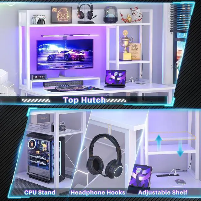 Alt view image 7 of 7 - Gaming Desk with Hutch, 39'' Computer Desk with LED Lights & Power Outlets, Home Office Desk with Reversible 5 Tiers Storage Shelves & Monitor Stand, Small Gaming Table for Small Space, White