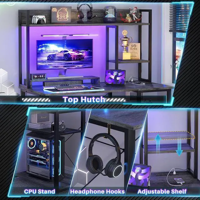 Alt view image 7 of 7 - Gaming Desk with Hutch, 39'' Computer Desk with LED Lights & Power Outlets, Home Office Desk with Reversible 5 Tiers Storage Shelves & Monitor Stand, Small Gaming Table for Small Space, Grey